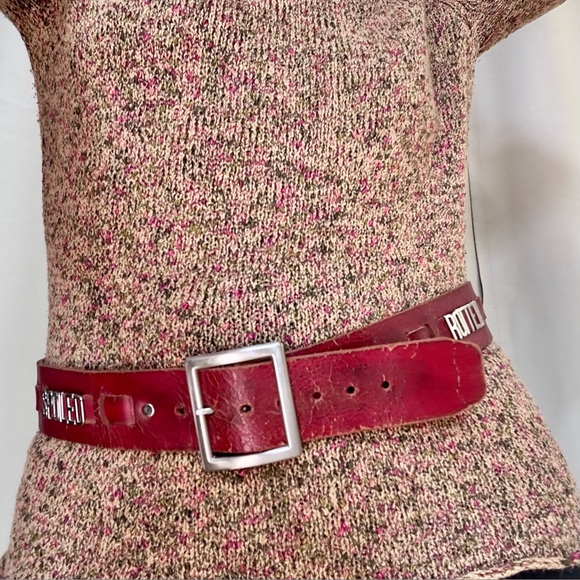 Vintage Brave Beltworks “Spoiled Rotten” Distressed Red Leather Y2K Belt Size 34 - Picture 2 of 16